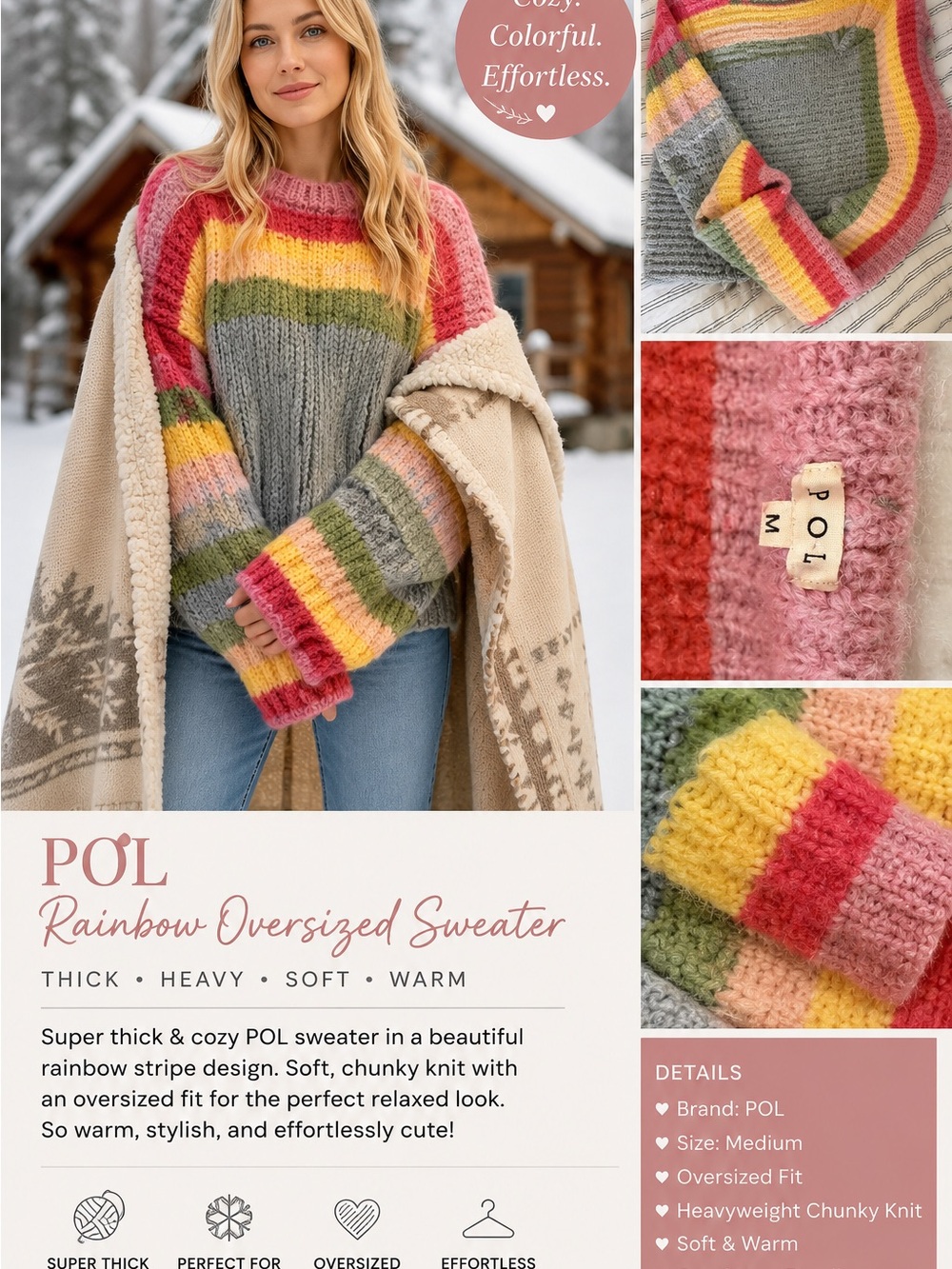 POL Multicolor Striped Oversized Crewneck Sweater - Pink, Yellow, Green, Gray